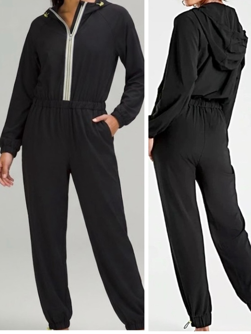 Athleta Jumpsuit Romper Black Hooded Long-Sleeve Contrast Zip Gym Workout Size 6